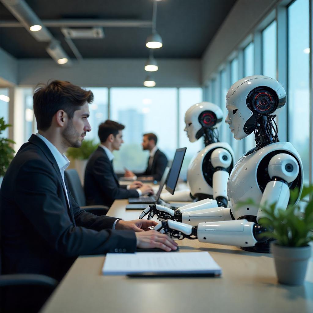 a group of people sitting at a desk with robots